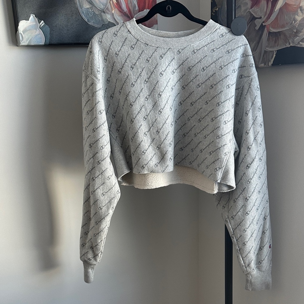 Champion Gray All-Over Logo Cropped Hoodie